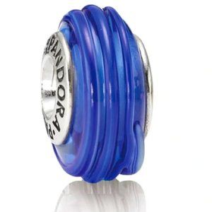 Authentic Pandora Sterling Silver Blue Ribbon Murano Glass Retired Bead Charm